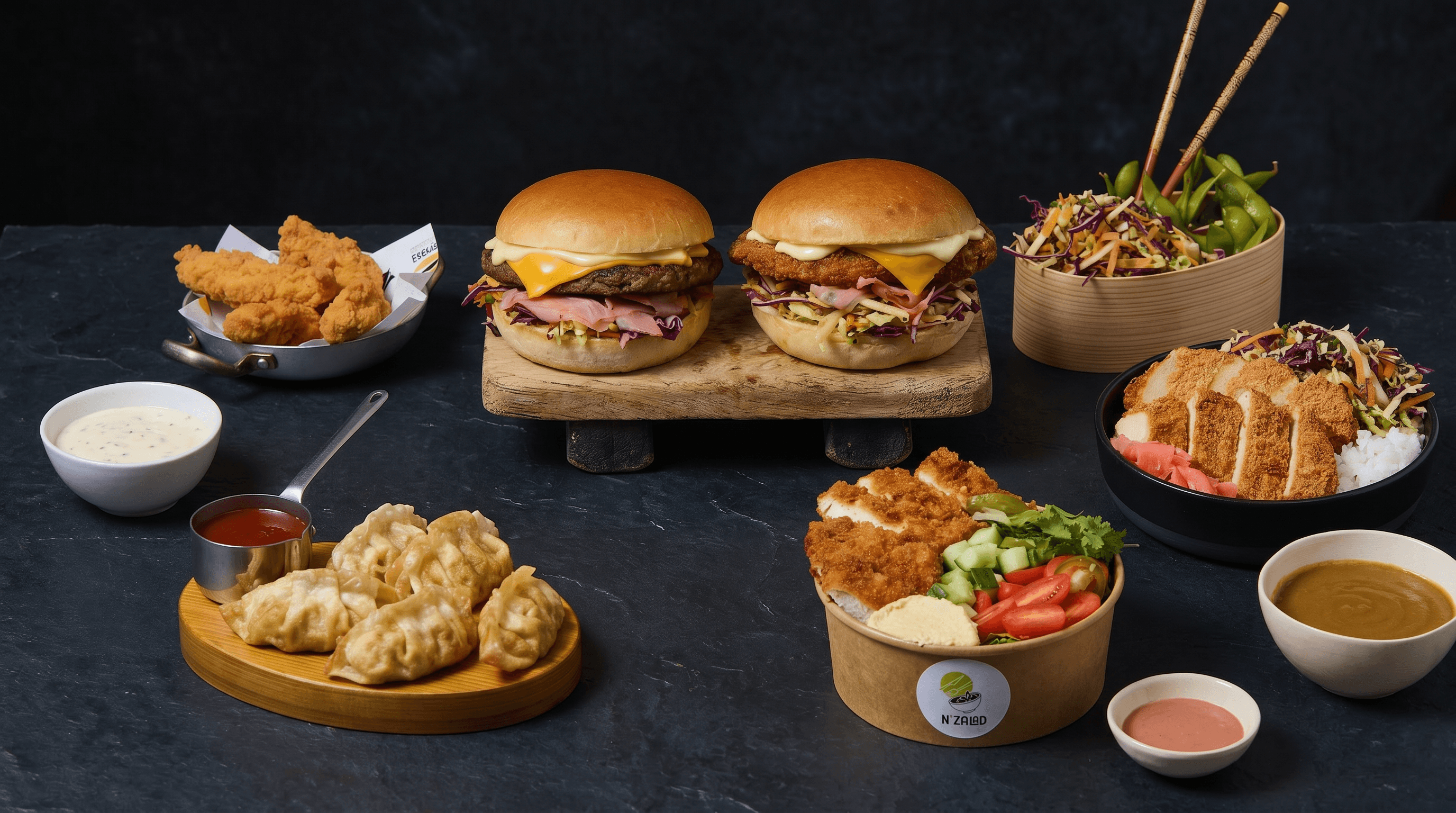 A spread of e-vittles signature delivery dishes on a dark table.