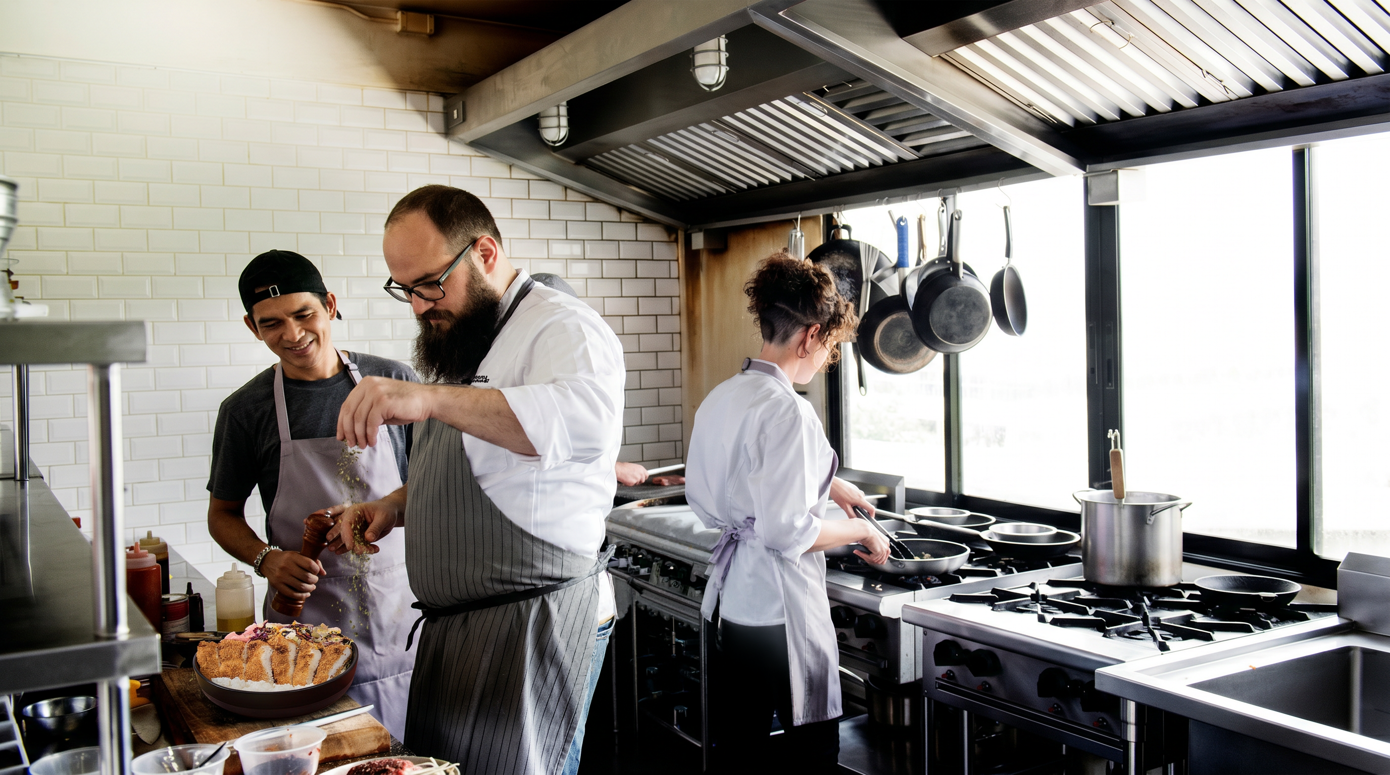 Chefs working in a busy restaurant kitchen.